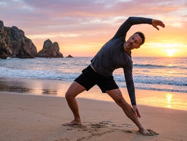 Instrutora de yoga a guiar uma turma serena num estúdio com luz natural