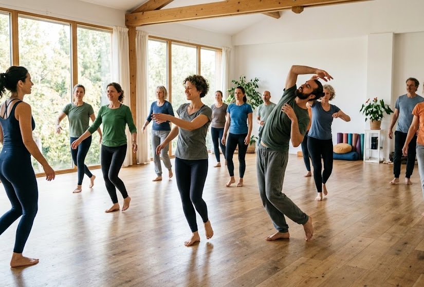 Estúdio de yoga acolhedor com tapetes alinhados e luz suave da manhã